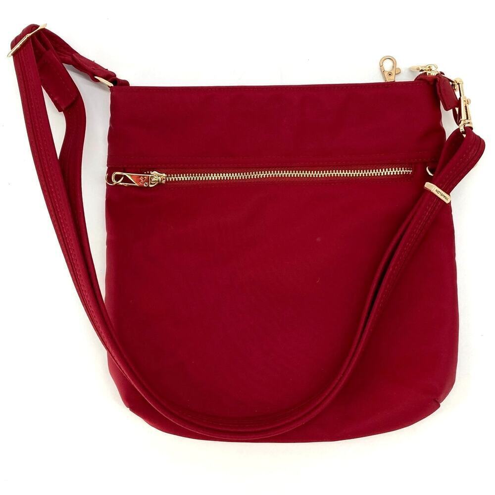 TRAVELON RED WINE SHOULDER BAG WITH GOLD HARDWARE